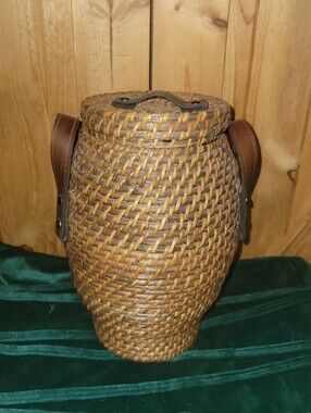 Vintage Lidded Rattan Urn Basket Floor Vase w/ Leather Handles Boho